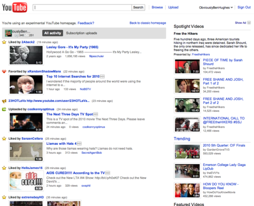 new YouTube home page
