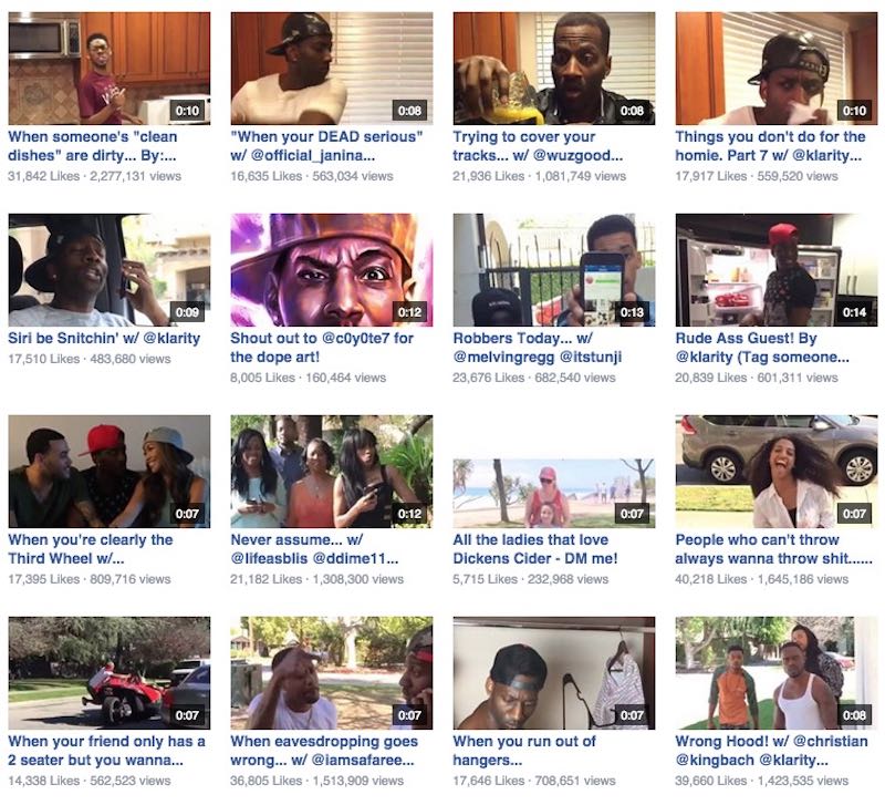 DeStorm's latest Facebook videos, along with their Like and View counts. 
