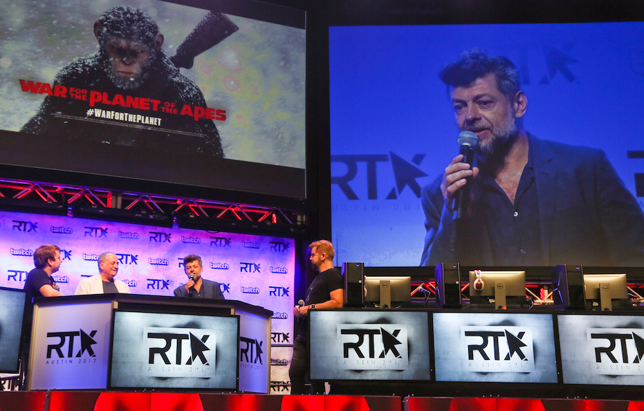 Andy Serkis and Joe Letteri discuss their new film "War for the Planet of the Apes" during RTX 2017's first day keynote at the Austin Convention Center in Austin, Texas on Friday, July 7, 2017. (Photo by Jack Plunkett)