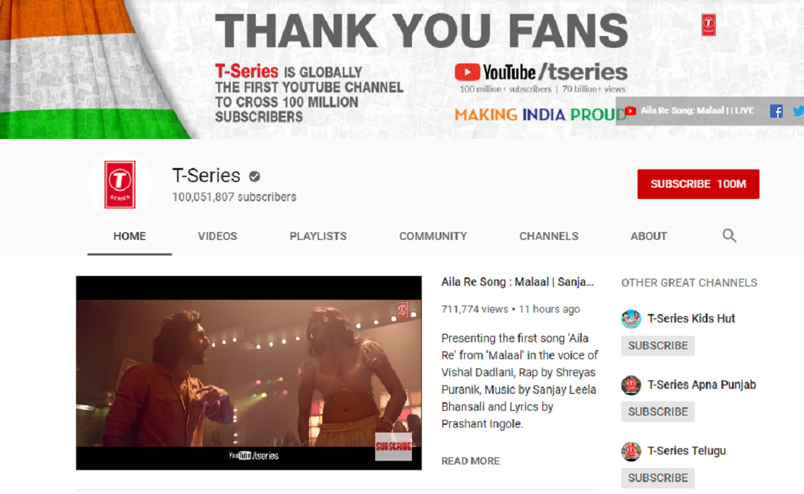T Series Youtube Channel Becomes First Ever To Net 100 Million Subscribers Tubefilter