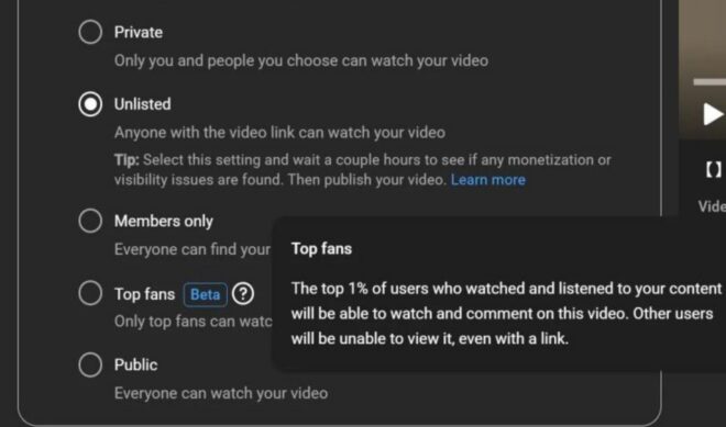 YouTube is starting to test a “Top Fans” distribution option limited to the uppermost 1% of viewers